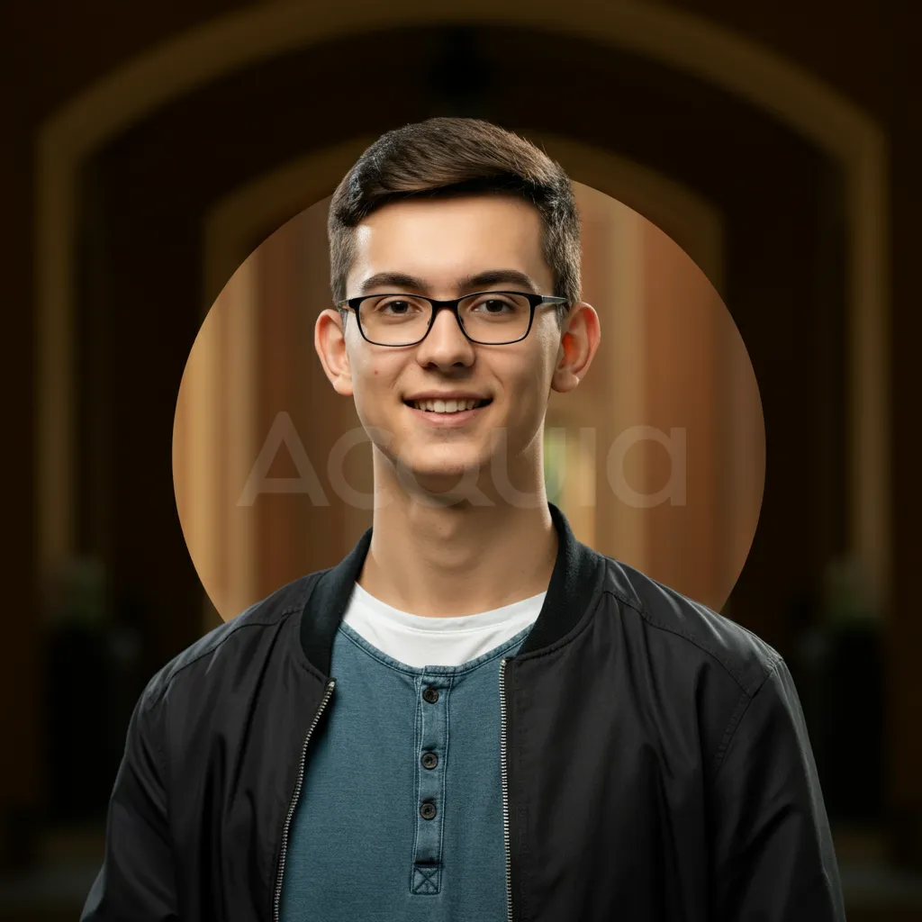 Connor Woodruff with glasses smiling in front of a blurred circular backdrop.