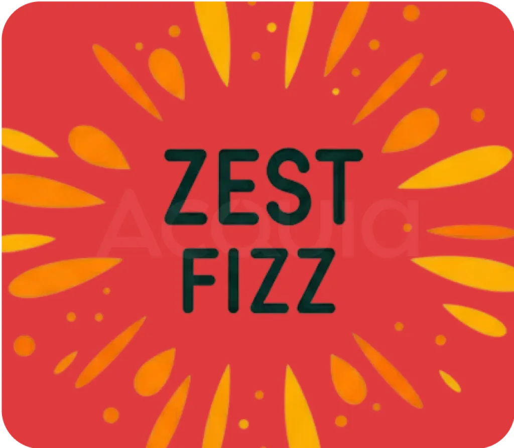 Vibrant red logo for "ZEST FIZZ" with yellow sunburst design