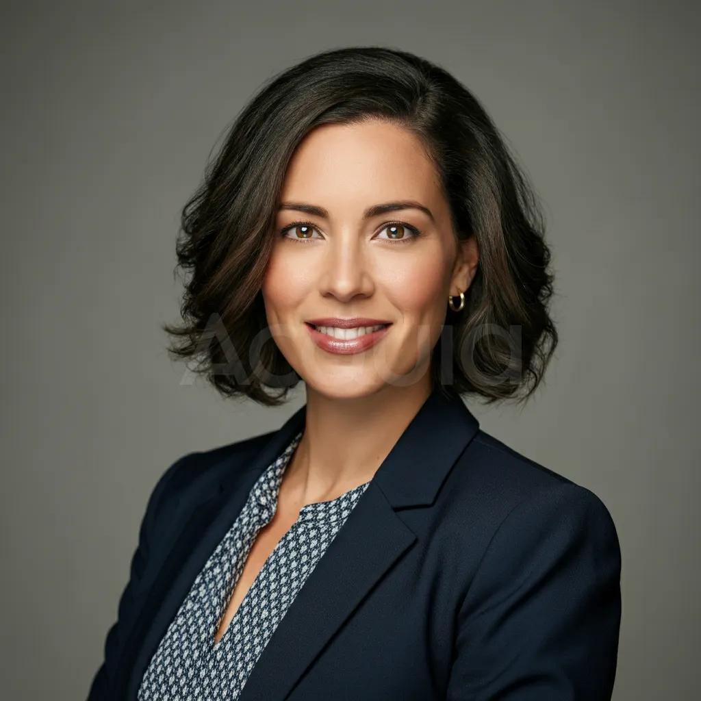 Professional headshot of Sarah Daniels in a navy blazer with patterned blouse against neutral background.